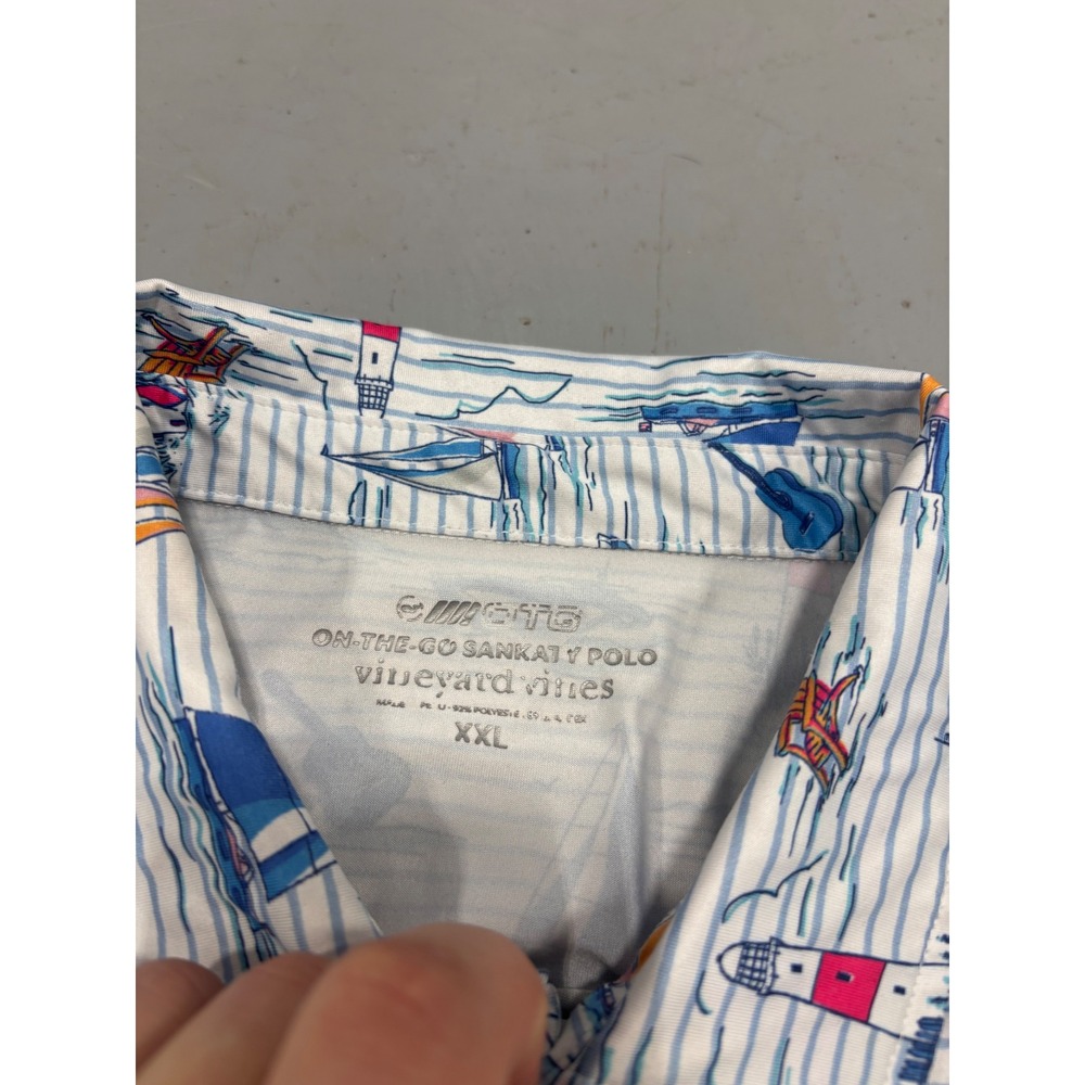 Vineyard Vines On-The-Go Sankaty Polo Mens XXL Blue White Sailboat Stripe - Picture 2 of 5